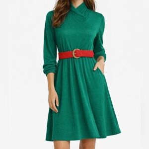 Vintage 70’s 80’s Retro Fit & Flare High Neck Holiday Green Red Belt Dress 6